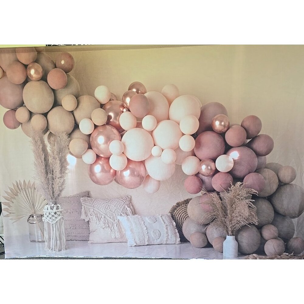 Kate Backdrop Fabric 5' x 7' Boho Pink Mauve Beige Birthday Ballons Photography